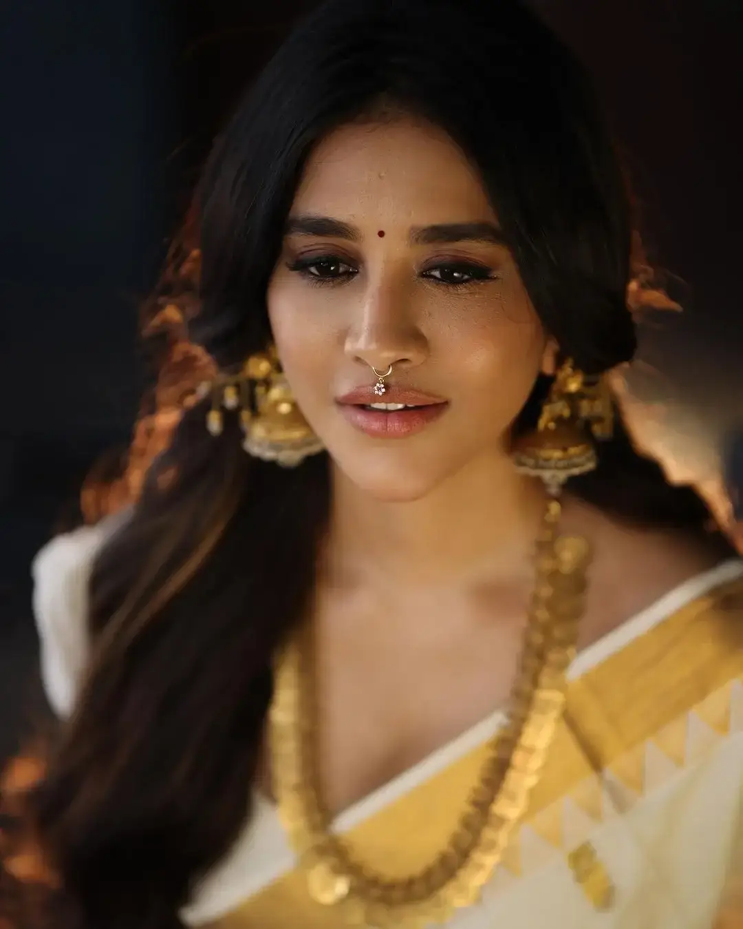 Indian Actress Nabha Natesh in Onam Special White Saree